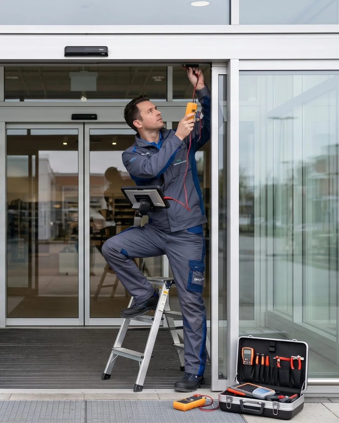 Accessible Door Solutions technician servicing an automatic sliding door at a Toronto commercial entrance