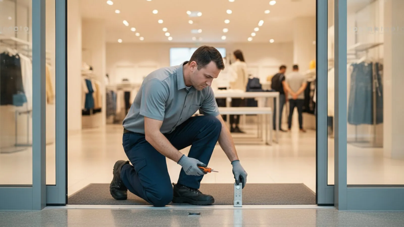 Technician inspecting a commercial automatic sliding door that will not open