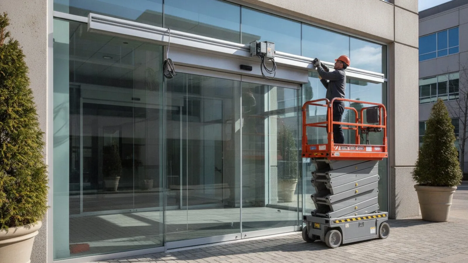 New commercial automatic door operator being installed above a glass storefront entrance