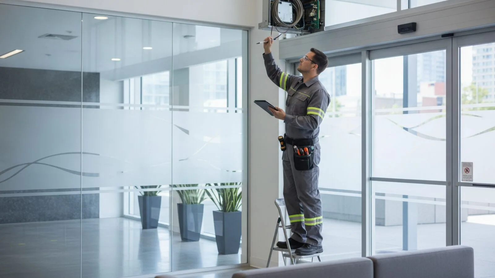 AAADM-trained technician performing a scheduled inspection on a commercial automatic door