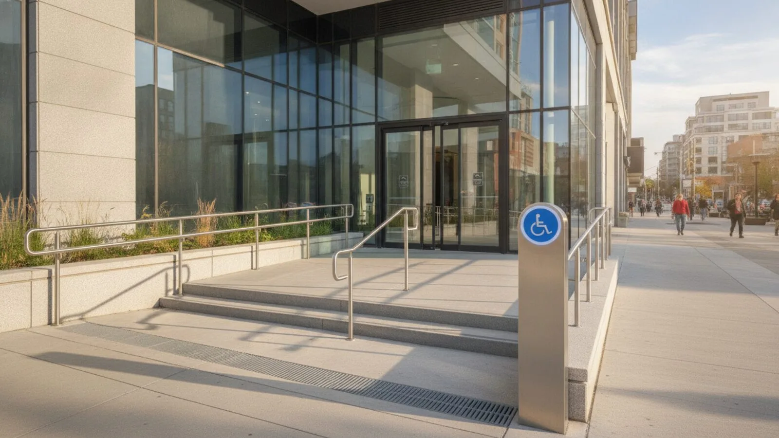 Accessible automatic entrance with a wheelchair-symbol push-button operator on an Ontario storefront